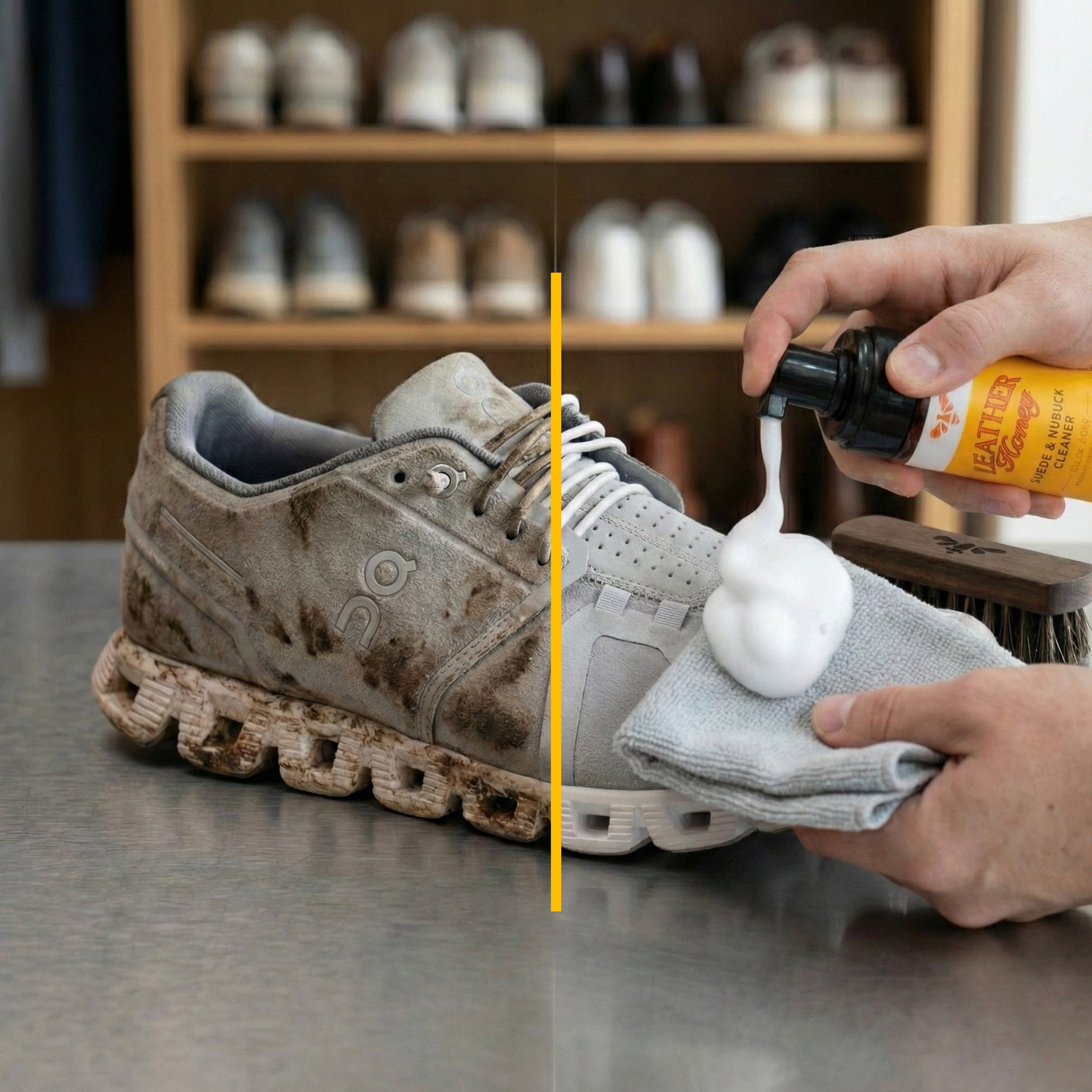 Leather Honey suede and nubuck cleaner showing before and after leather care results on suede and nubuck surfaces.