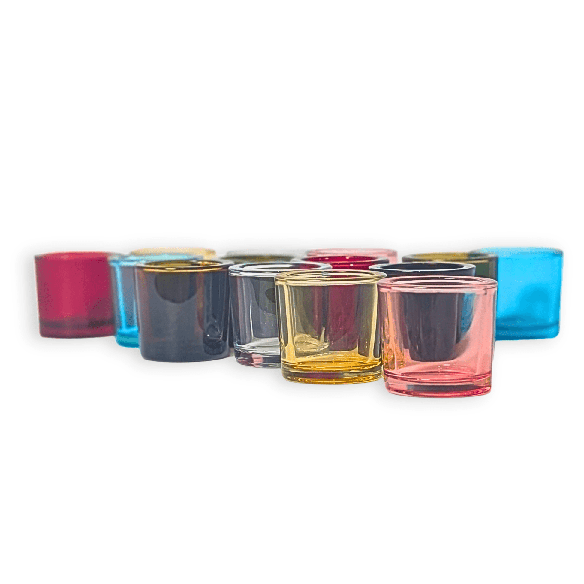 Heavy glass votive candle holder from Bluecorn Candles, made of recycled glass, with a clear, smooth surface and cylindrical shape.