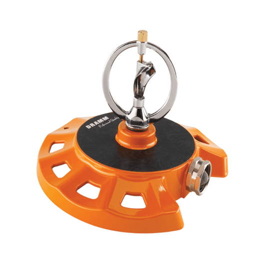 Orange Dramm ColorStorm Spinning Sprinkler for garden watering, designed to evenly distribute water over lawns and flower beds.