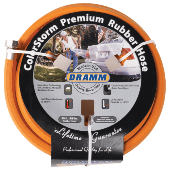 Orange Dramm ColorStorm 50-foot premium rubber garden hose with reinforced construction and high-quality fittings.