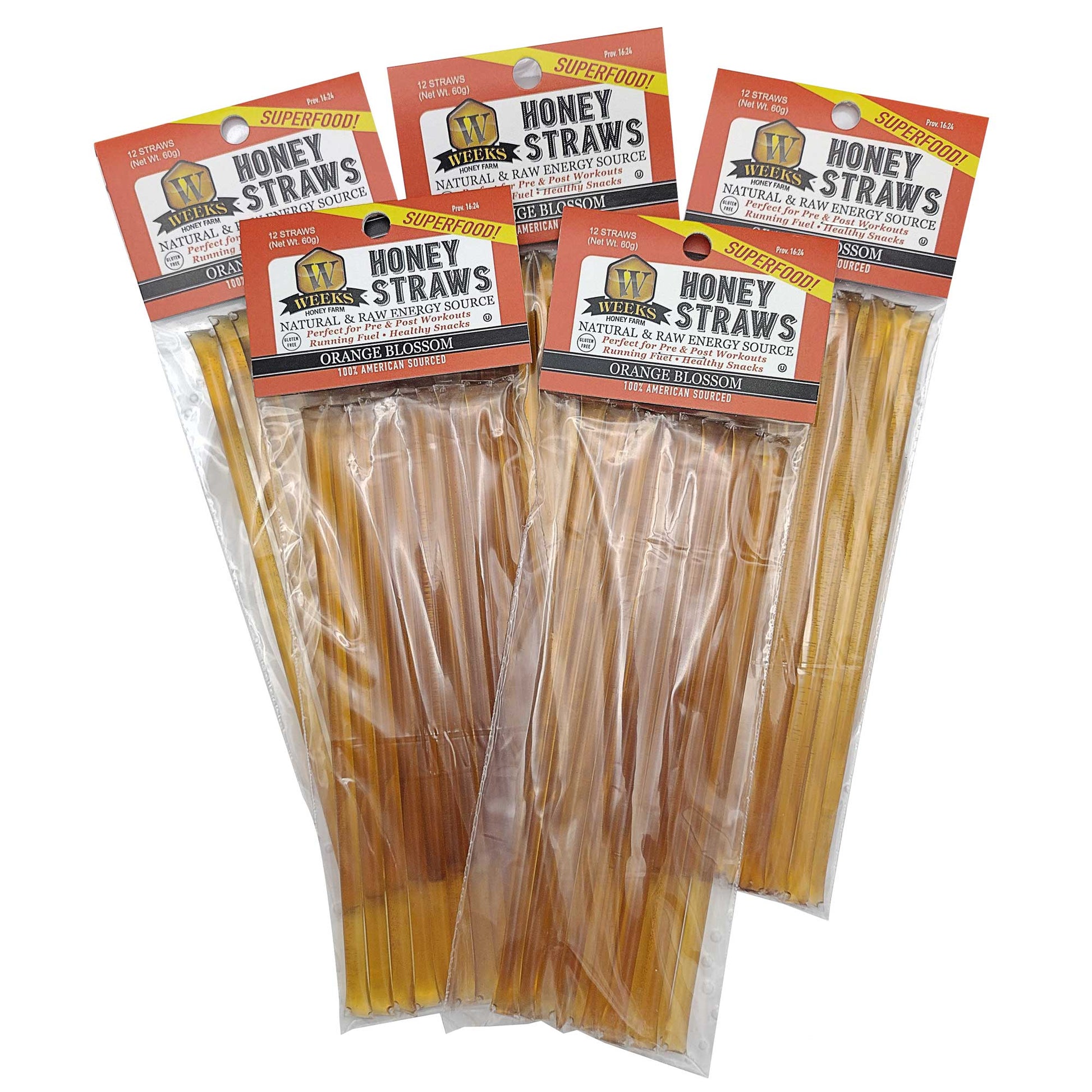 Four packages of Weeks Honey Farm Raw Honey Straws (Orange Blossom, Wildflower, Raspberry) are displayed fanned out. Each clear bag holds several golden honey sticks with a top label showing product info and the brand.