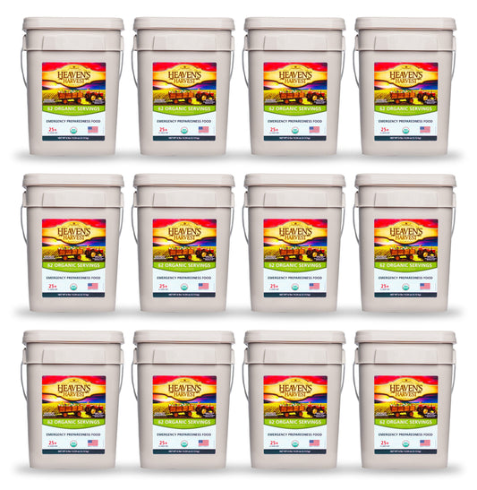 Organic Meal Bucket from Heaven's Harvest, 12-pack of survival food buckets with sealed organic emergency meals.
