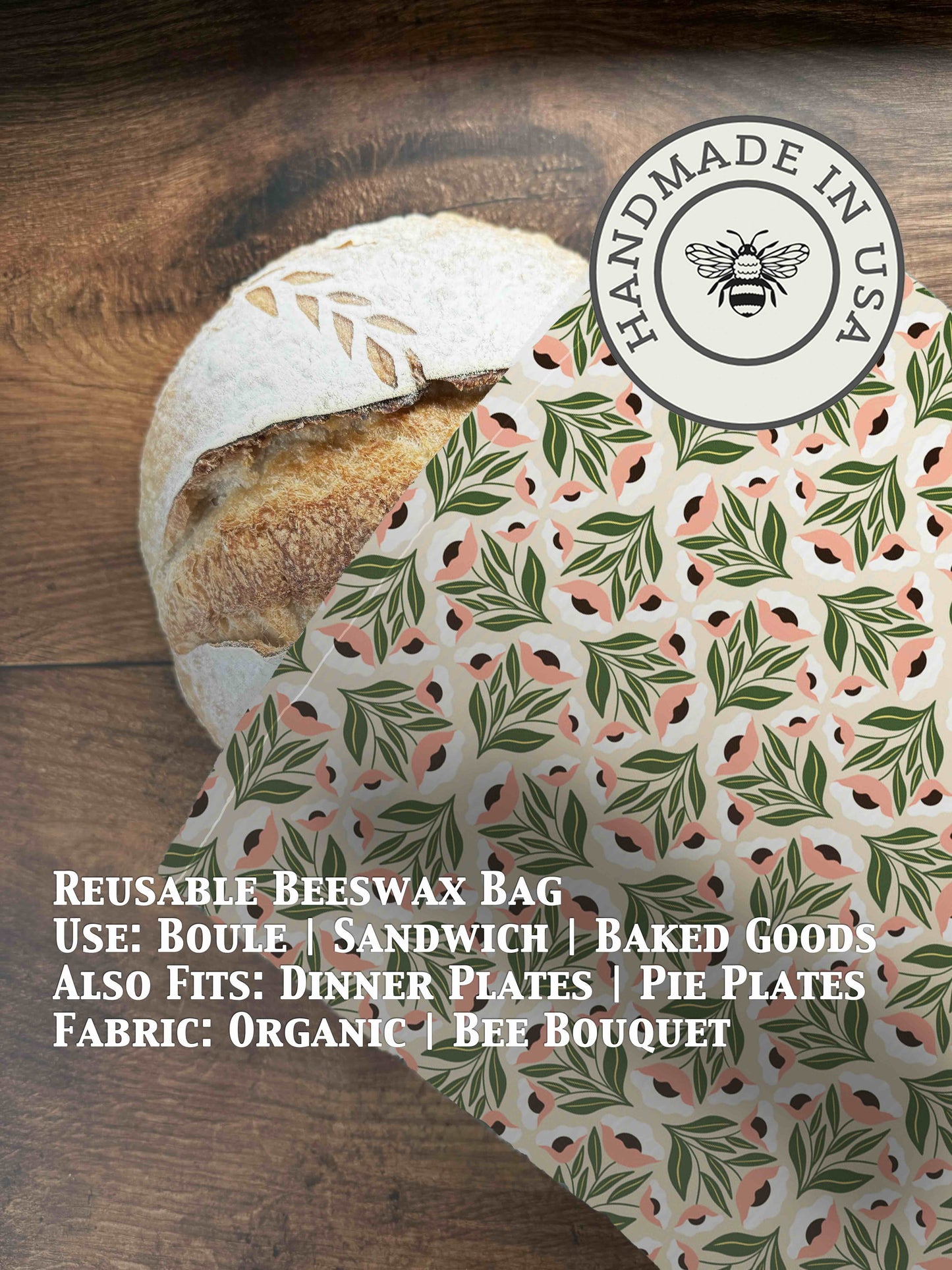 Organic beeswaxed bread bag from Five Oaks Farm, natural linen with beeswax coating, ideal for storing fresh bread.