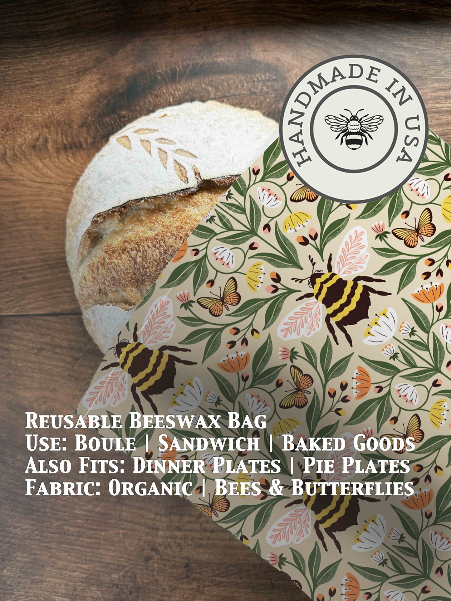 Organic beeswax bread bag from Five Oaks Farm, featuring a light bees and butterfly design on natural fabric.