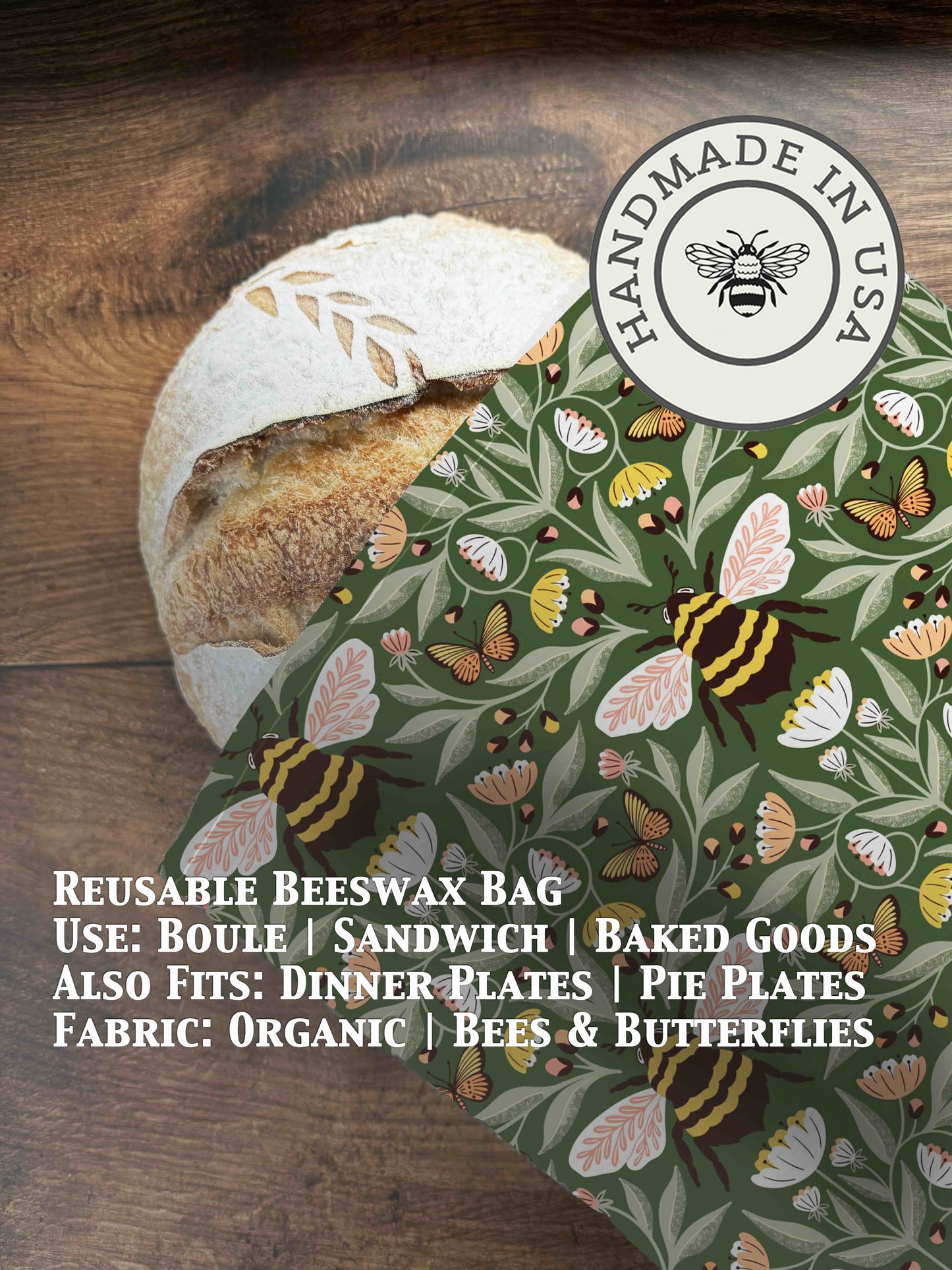 Organic beeswax bread bag from Five Oaks Farm featuring bees and butterflies, eco-friendly and reusable for storing bread.