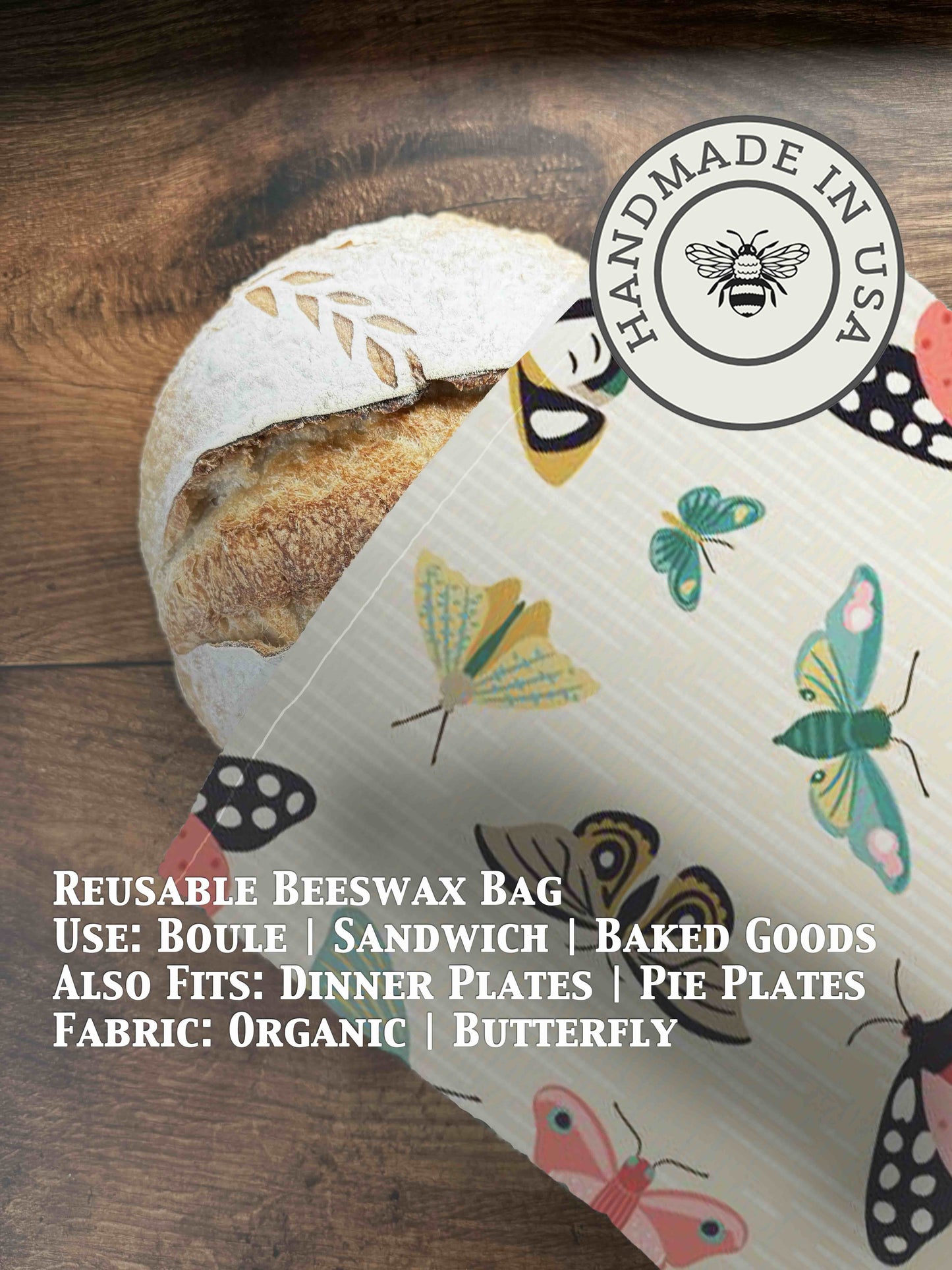Organic beeswaxed bread bag from Five Oaks Farm, showcasing its natural beeswax coating and breathable fabric for fresh bread storage.