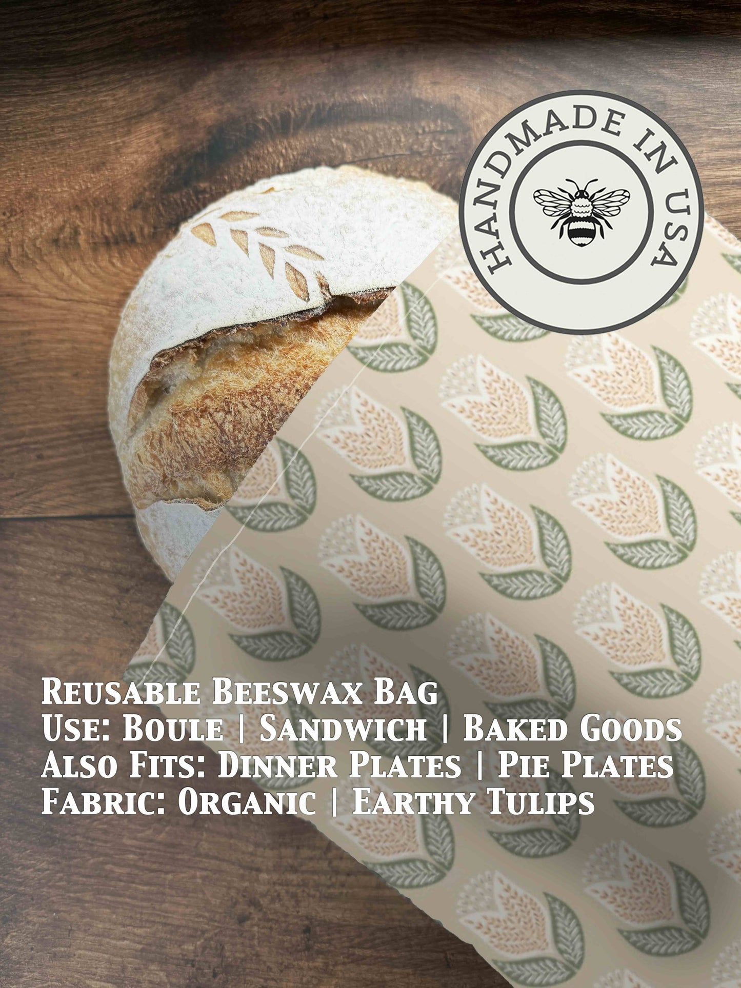Organic beeswaxed bread bag from Five Oaks Farm with a natural, earthy design featuring tulip illustrations.