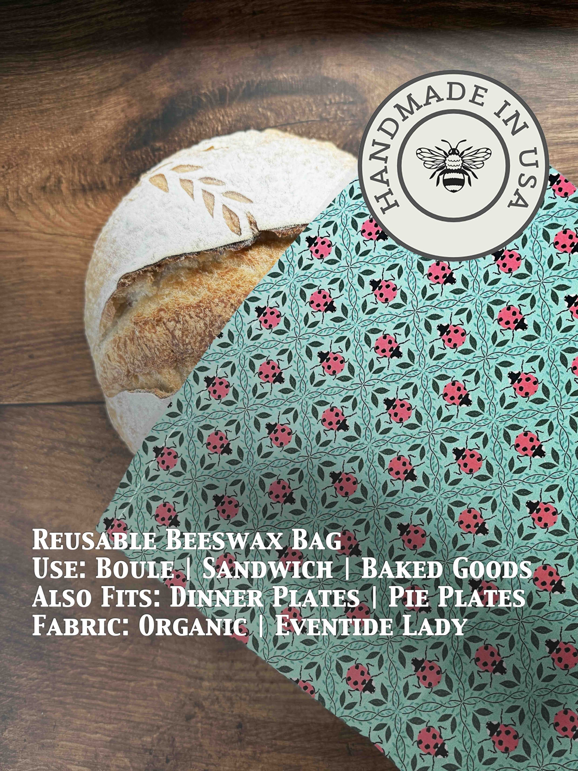 Organic beeswaxed bread bag from Five Oaks Farm, natural cotton with beeswax coating, ideal for storing bread sustainably.