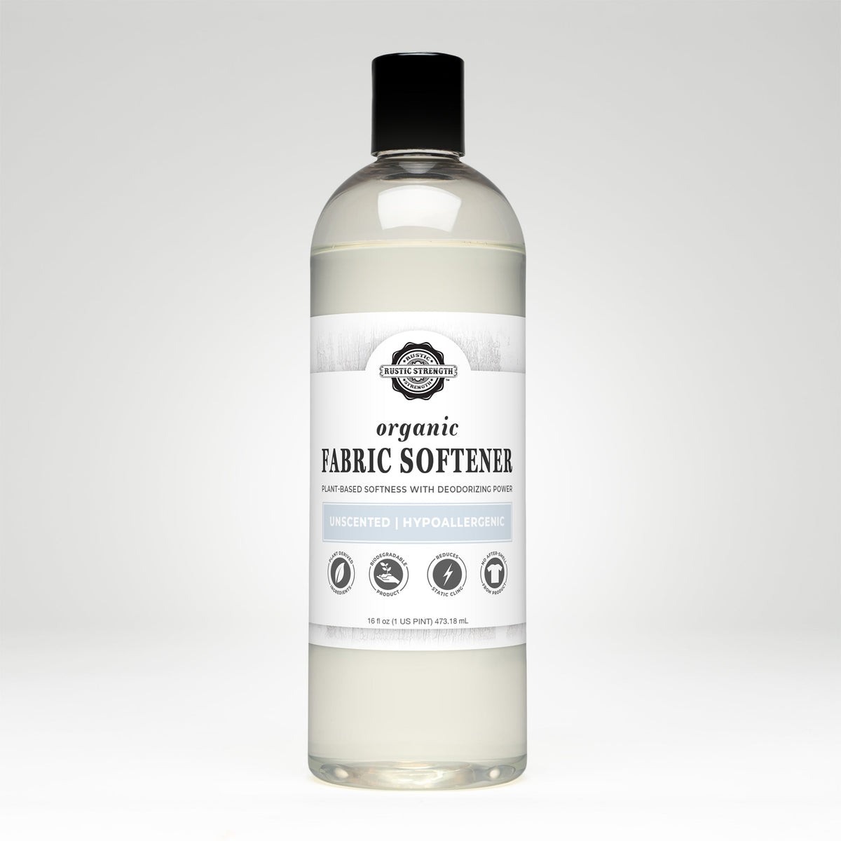 Rustic Strength organic fabric softener in a 16oz bottle, unscented, used for laundry to soften clothes naturally.