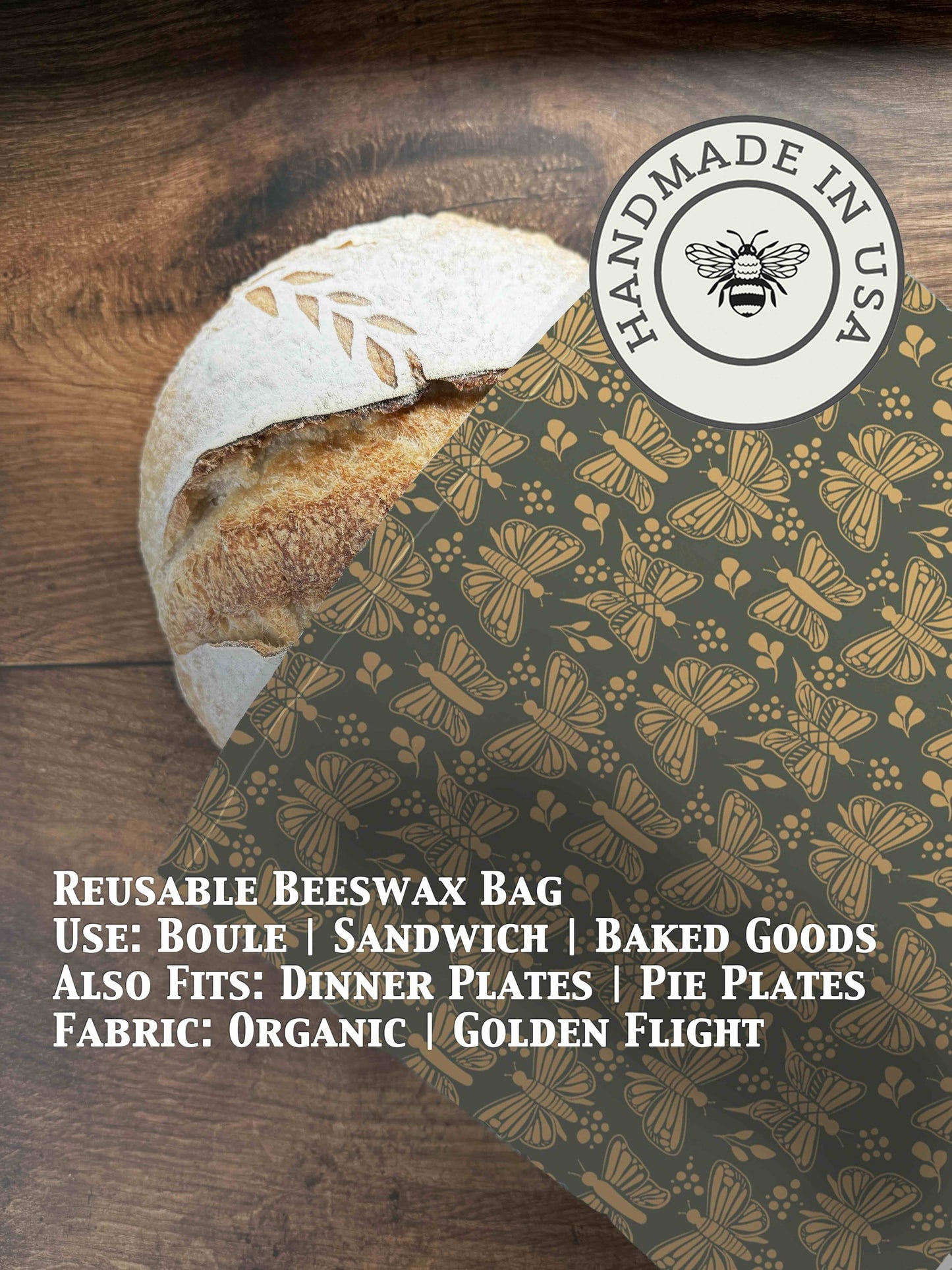 Organic beeswaxed bread bag from Five Oaks Farm, golden beeswax coating with natural fabric for fresh bread storage.
