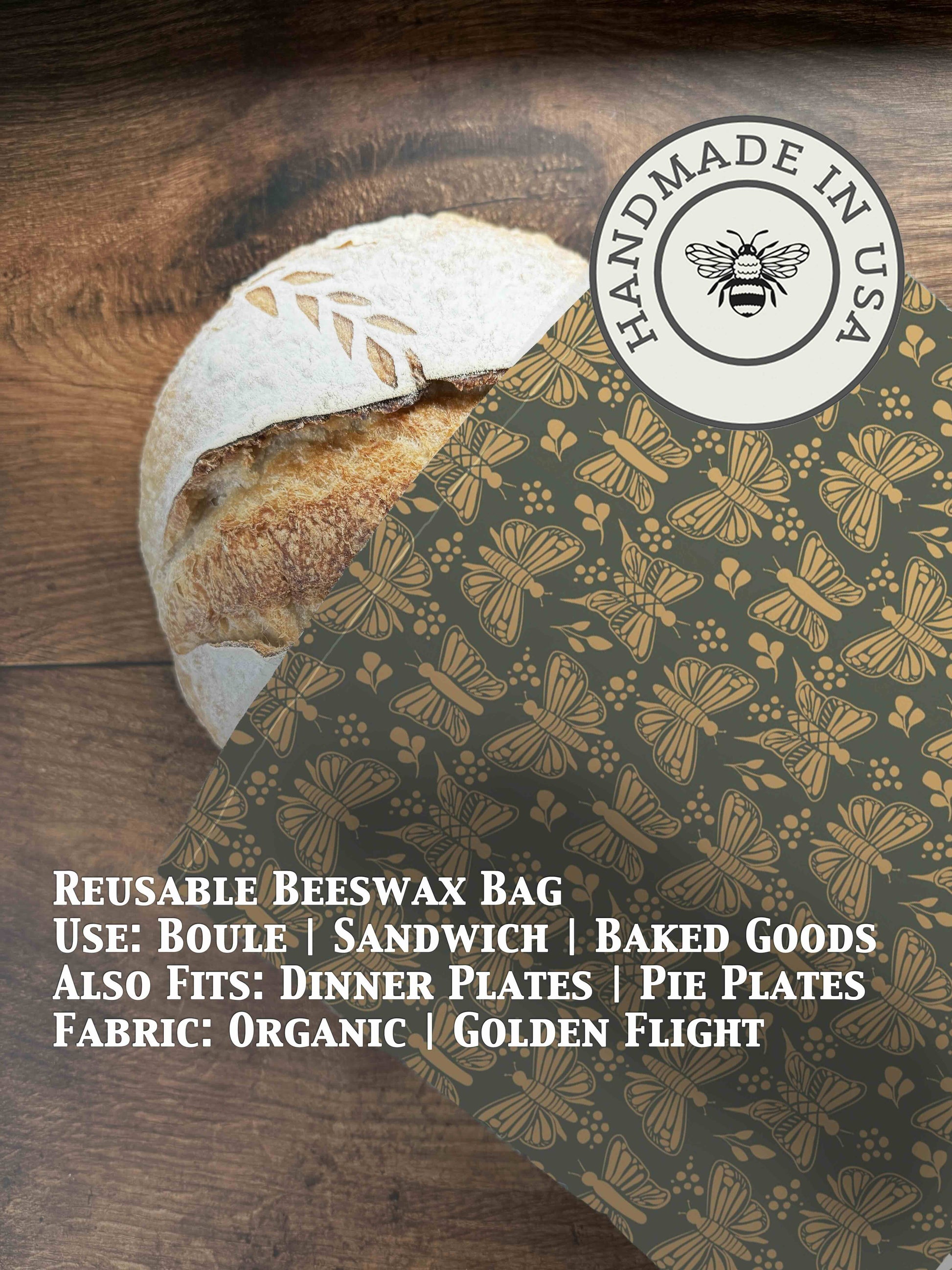 Organic beeswaxed bread bag from Five Oaks Farm, golden-colored fabric with natural beeswax finish for fresh bread storage.