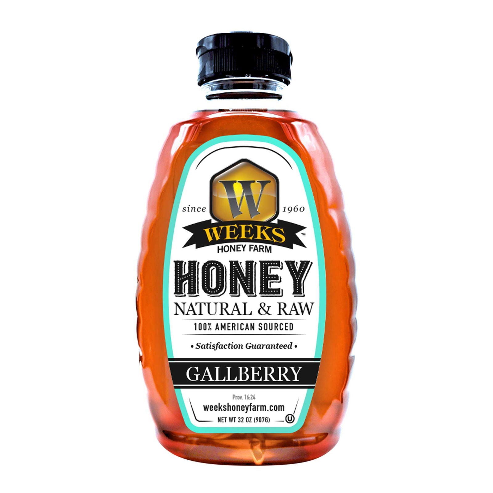A 32 oz (907g) plastic bottle of Weeks Naturals | Weeks Honey Farm Our Best All-Natural Pure Raw Gallberry Honey, labeled Natural & Raw, 100% American Sourced, Satisfaction Guaranteed, with a black cap.