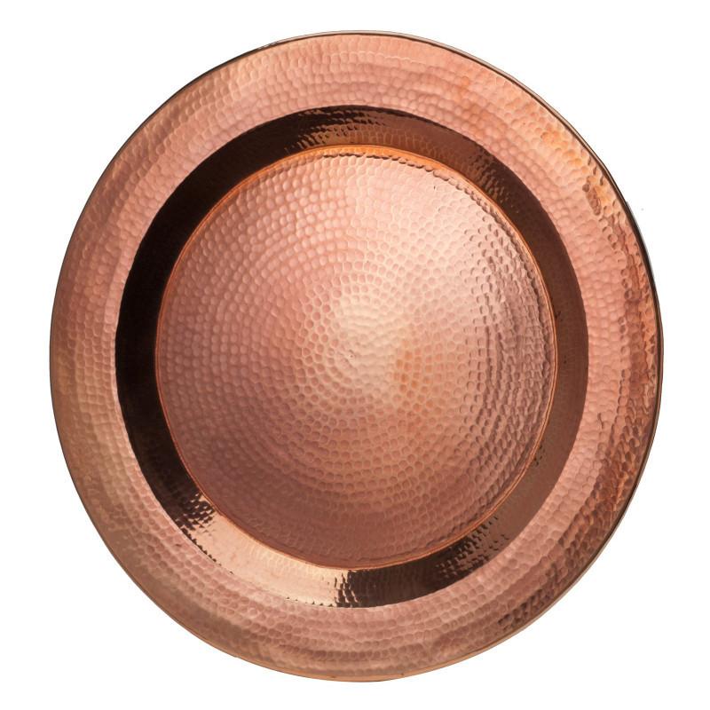 Copper Thessaly round platter by Sertodo, a large, shiny, handcrafted plate with a smooth, polished surface and rounded edges.