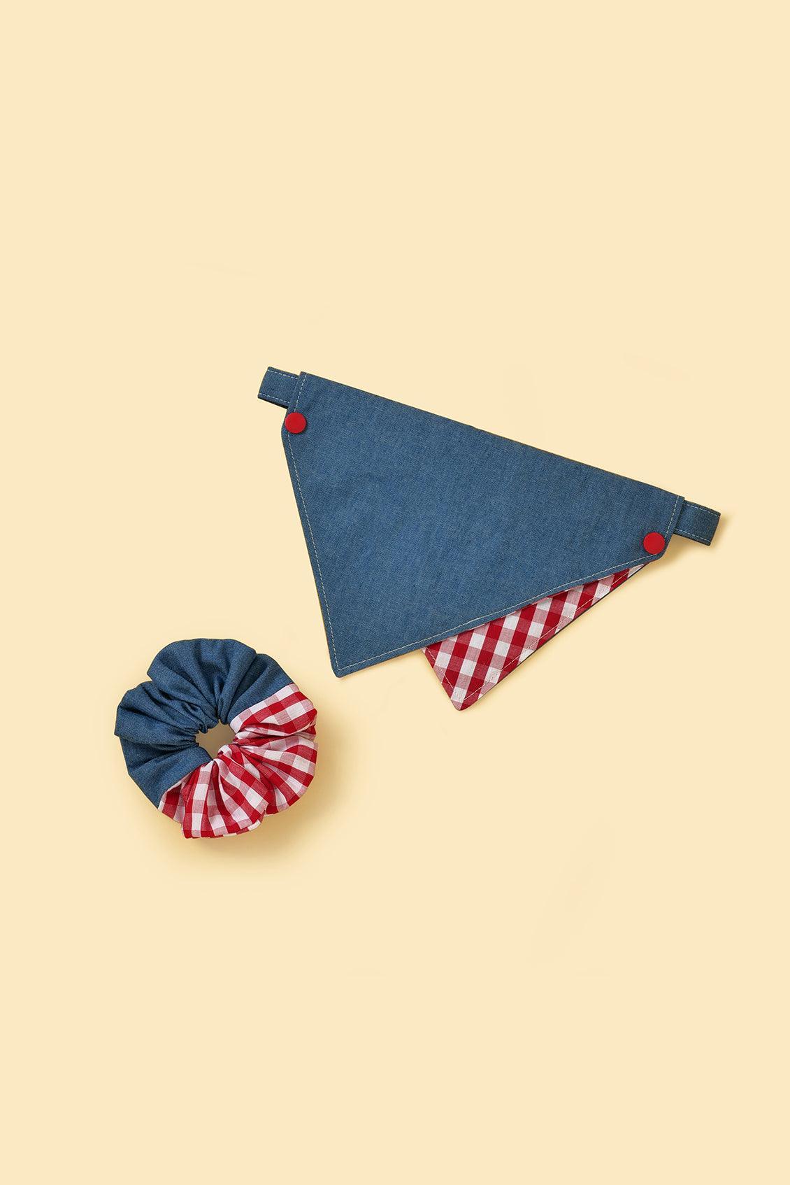 Handmade BarkBarkBaby Park Day Denim Gingham Print Bandana featuring classic blue and white checkered pattern for kids or pets.