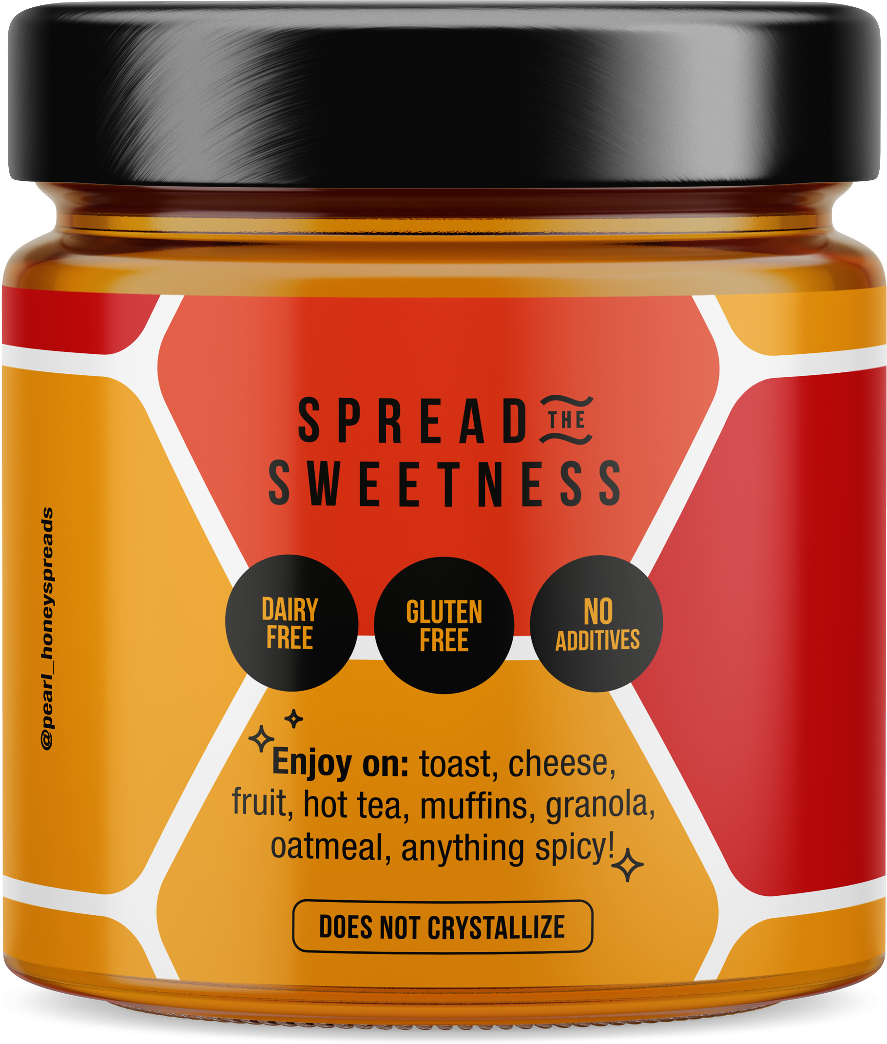 Spicy creamed honey jar from Pearl Honey Spreads with a label and honey spread visible on the lid.