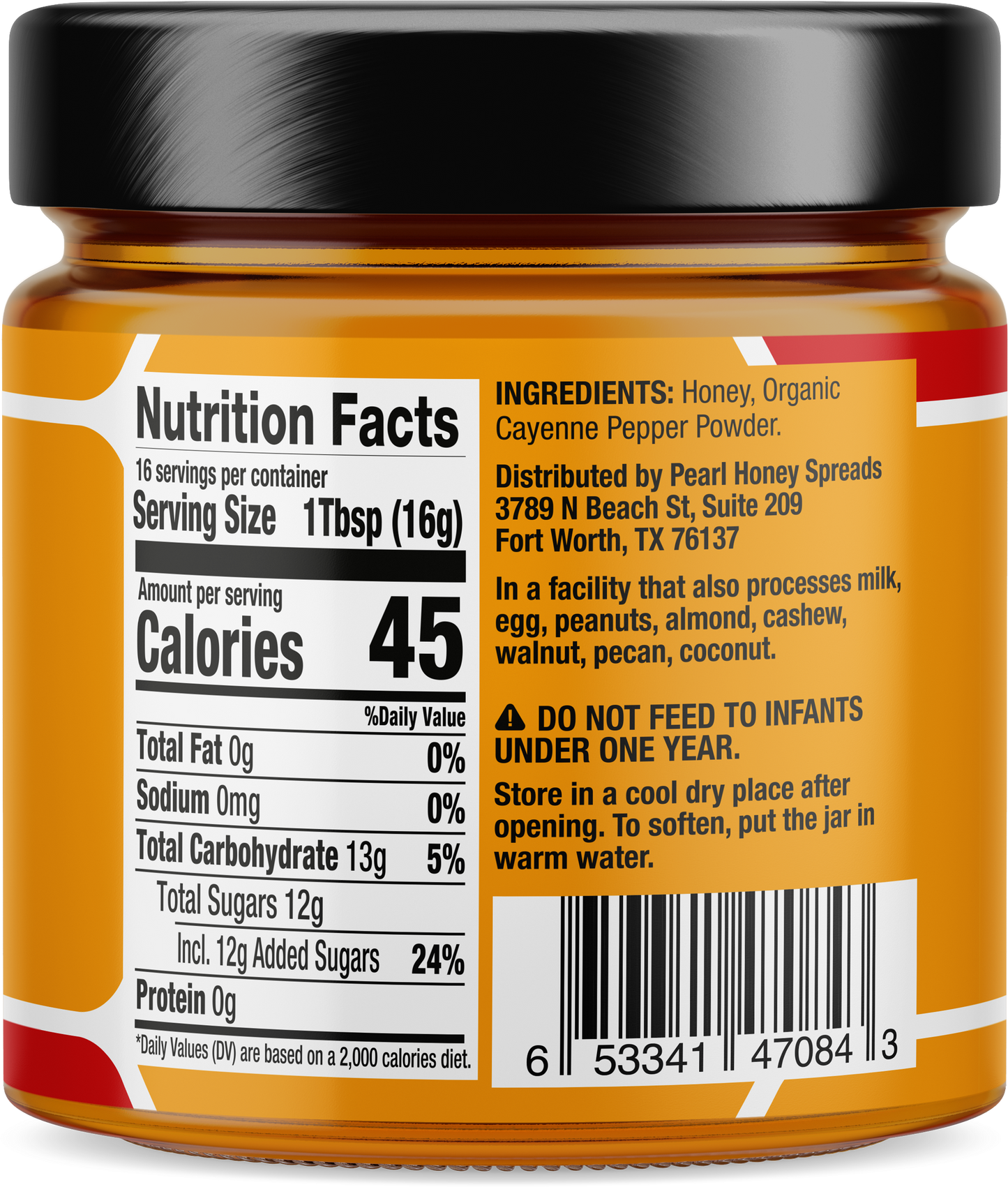 Spicy creamed honey from Pearl Honey Spreads in a jar with a golden, creamy texture and a hint of chili spice.