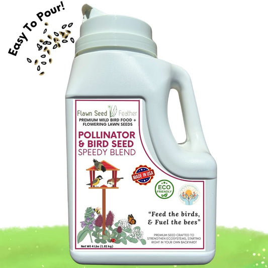Four-pound jug of Flawn Seed Kits Pollinator and Wild Bird Seed Speedy Blend with mixed seeds for attracting pollinators and wild birds.