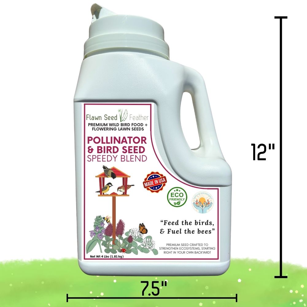 Four-pound jug of Flawn Seed Kits Pollinator and Wild Bird Seed Speedy Blend in a clear container with a colorful label.