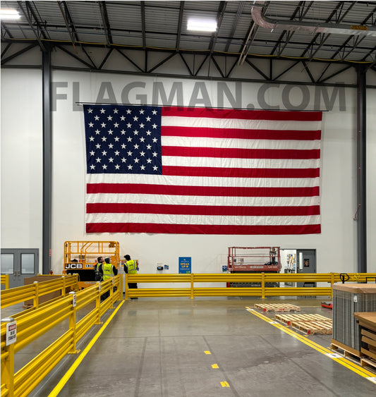 Nylon American flag wall safe with reinforced edge grommets, mounted on wall, made in the USA by Flagman of America.