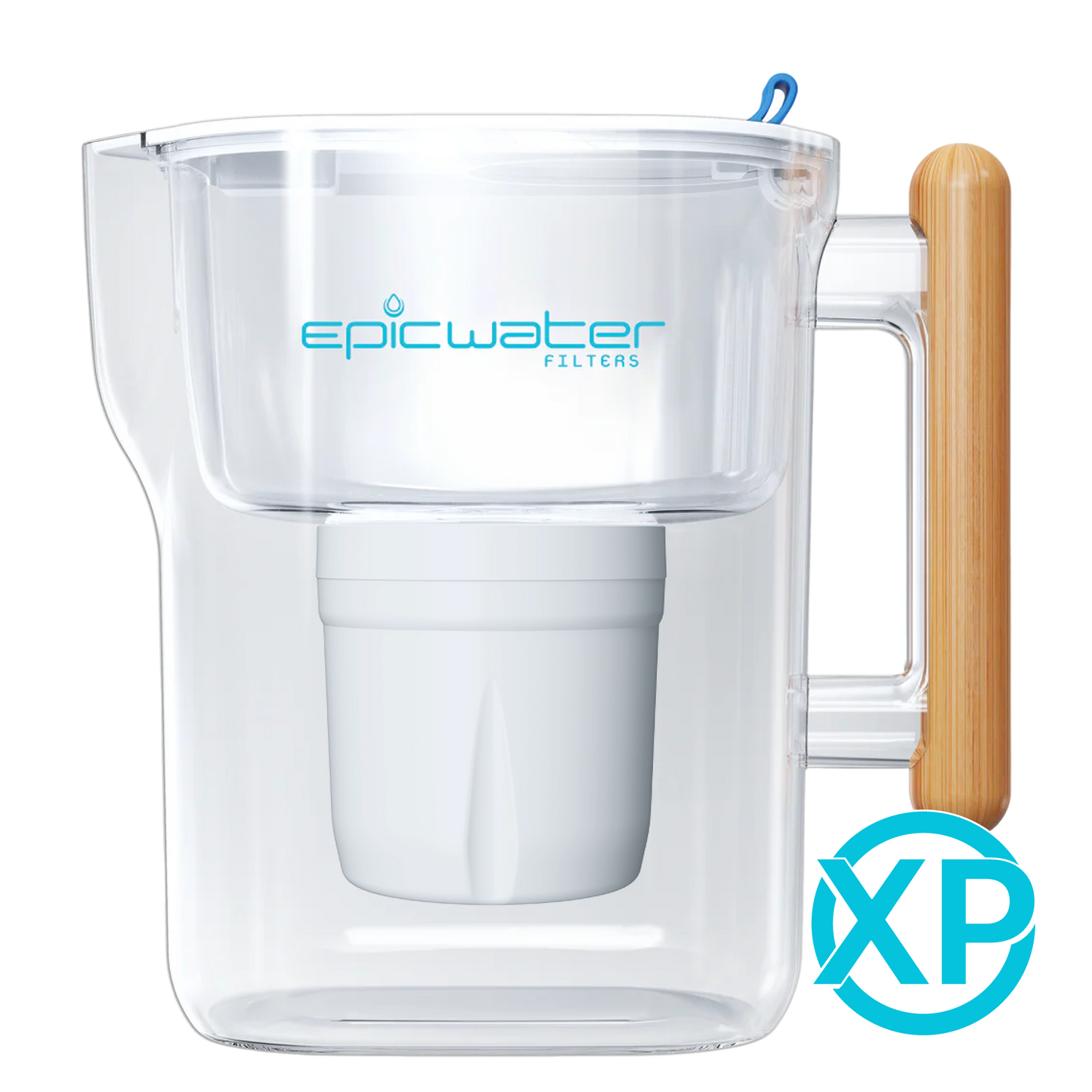 Red Epic Water Filters Pure XP pitcher with red lid and handle, designed to reduce fluoride, PFAS, and parasites.