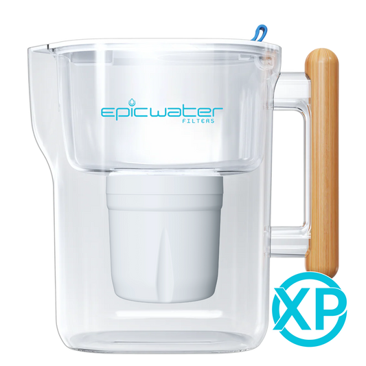 Red Epic Water Filters Pure XP pitcher with red lid and handle, designed to reduce fluoride, PFAS, and parasites.