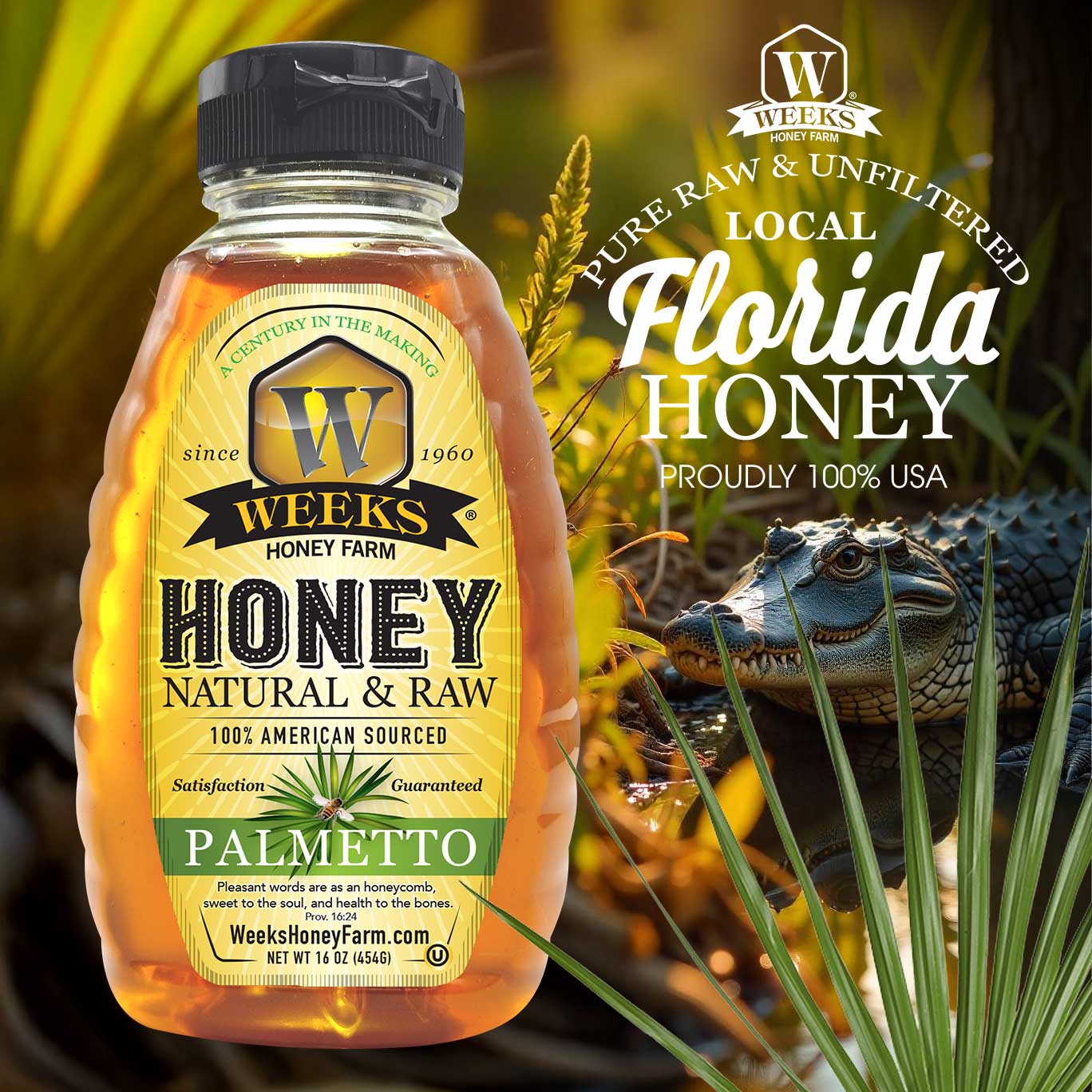 A bottle of Weeks Honey Farm Pure, Raw & Unfiltered Palmetto Honey, USA sits before greenery with an alligator in the background. The label highlights 100% American-sourced natural sweetener and local Florida honey.