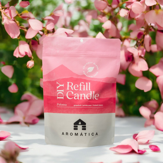 Bluecorn Candles Aromática Scented Candle Refill Kit with Paloma grapefruit scent, featuring a refill package for scented candles.