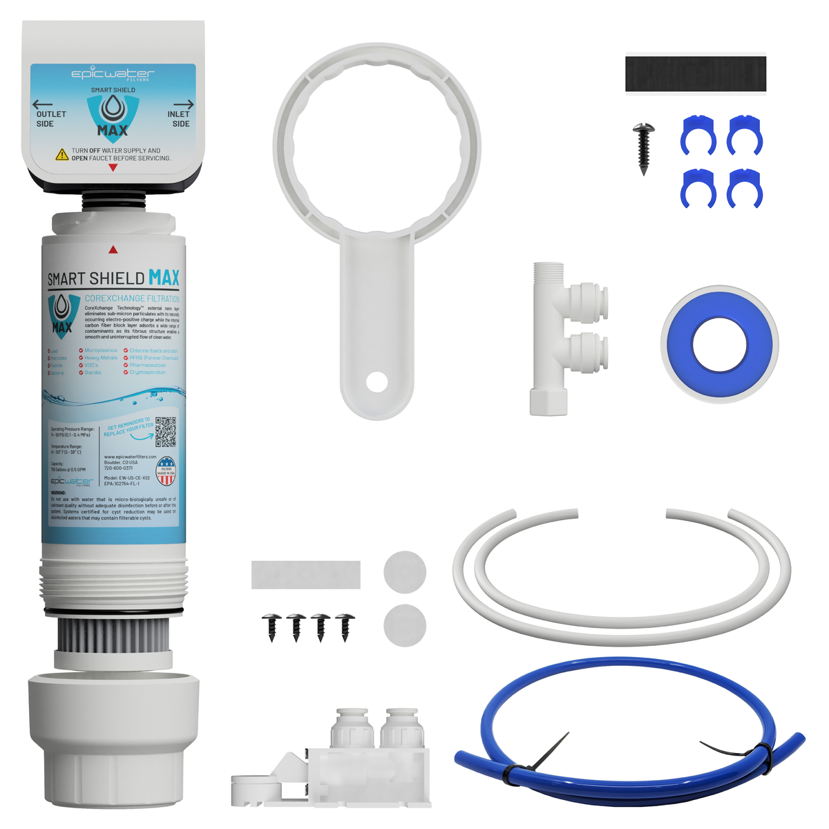 Infographic of parts list for Epic Smart Shield Max under sink water filtration system by Epic Water Filters USA.