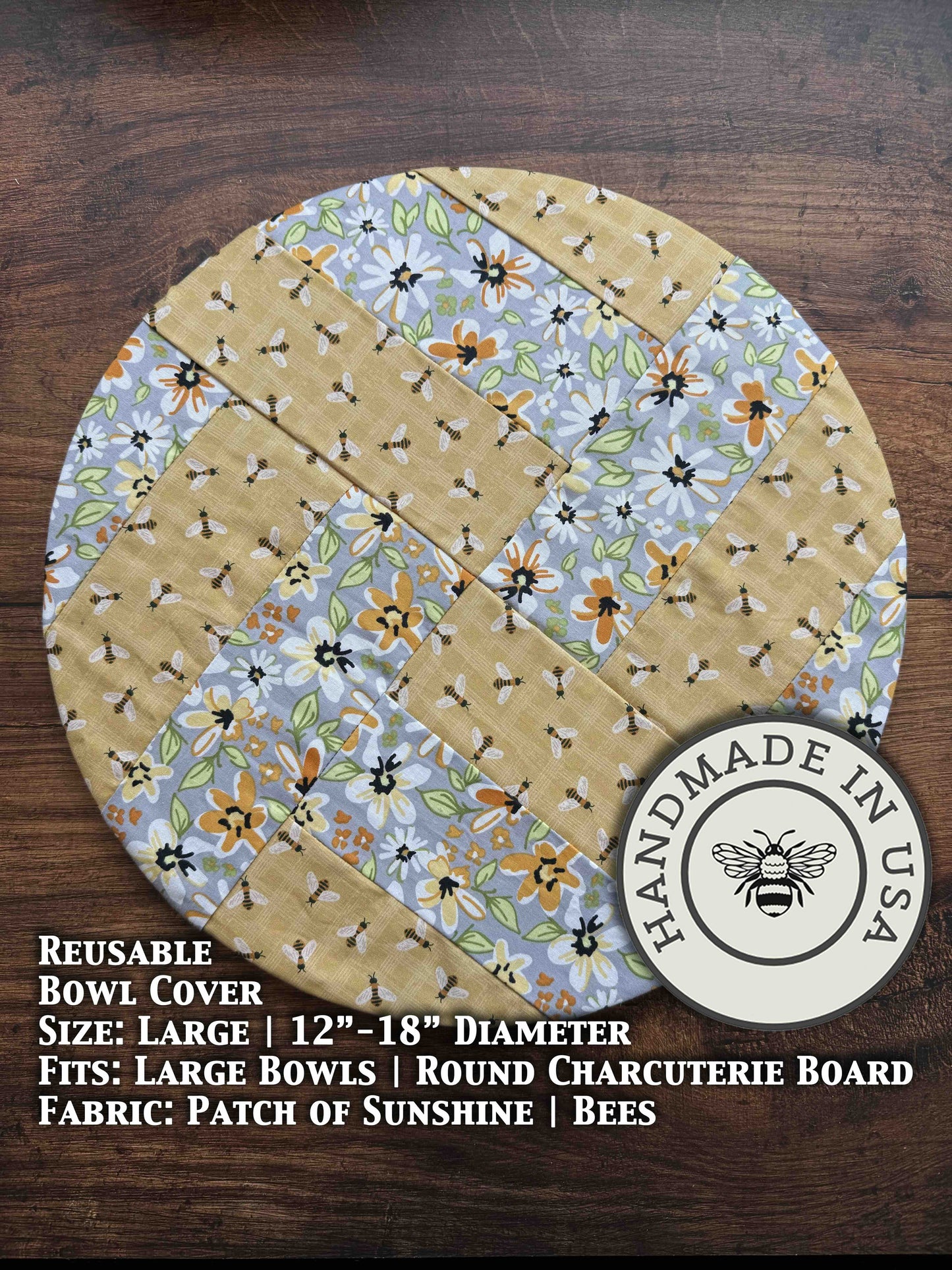 Large farm-style bowl covers from Five Oaks Farm with a sunny patch design, perfect for protecting bowls in rustic kitchens.