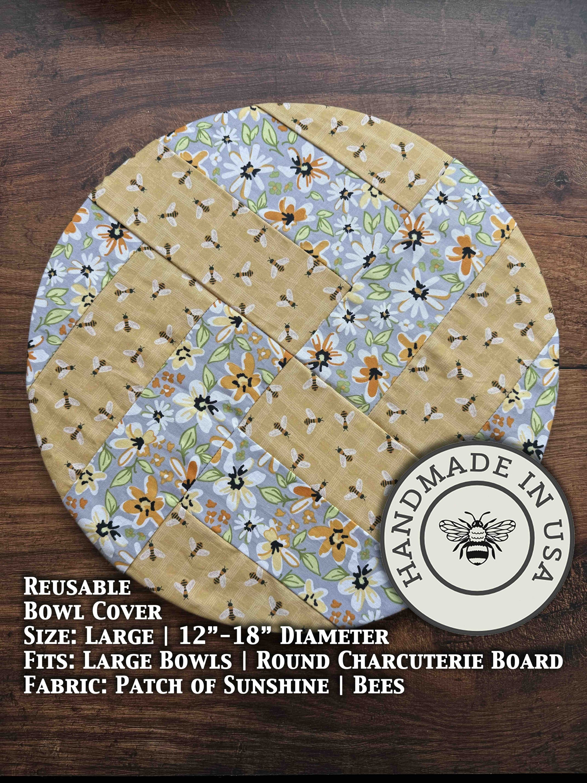 Large farm-style bowl covers from Five Oaks Farm with a sunny patch design, perfect for protecting bowls in rustic kitchens.