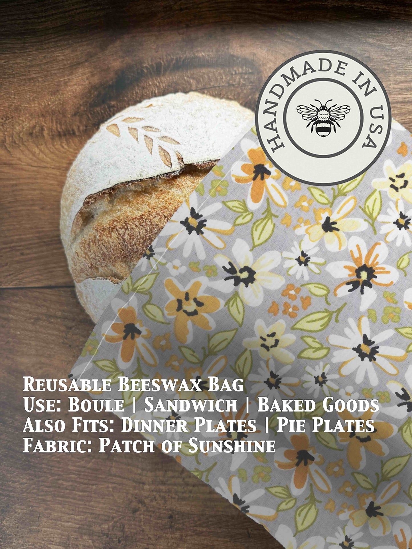 Beeswaxed bread bag from Five Oaks Farm, natural fabric with sun-inspired patch, ideal for storing bakery bread sustainably.