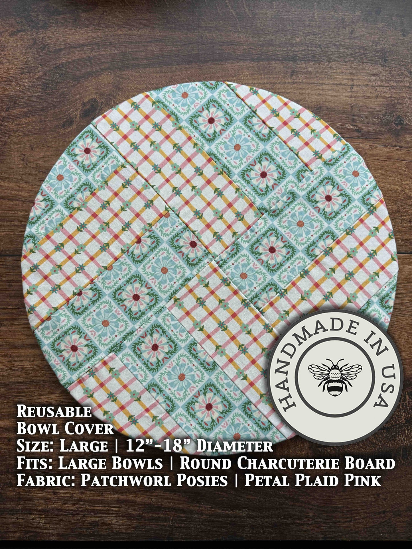 Large patchwork bowl covers from Five Oaks Farm, featuring colorful floral and posy patterns for protecting food bowls.