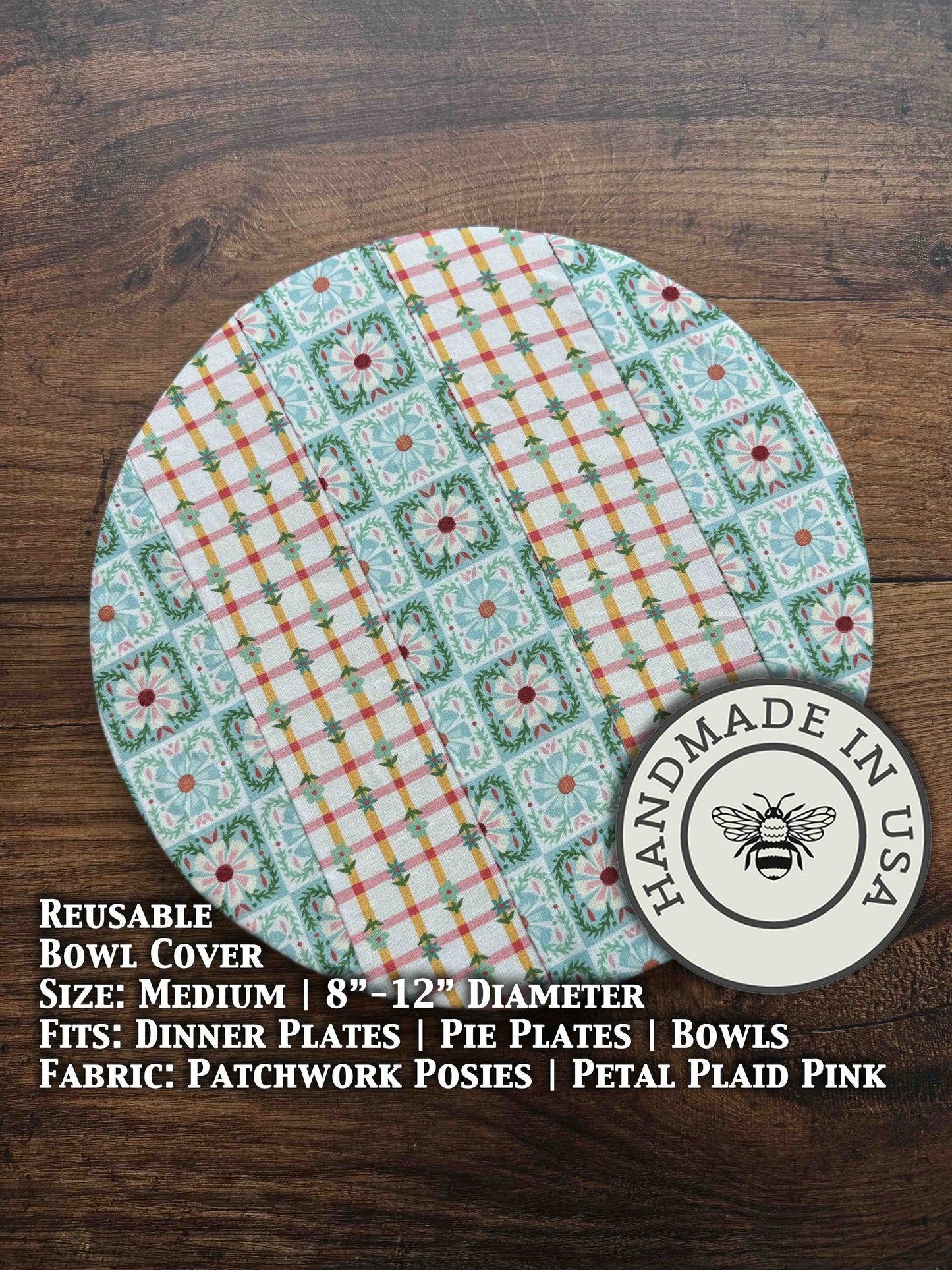 Medium bowl and banneton covers from Five Oaks Farm featuring patchwork and floral posies design for baking and bread proofing.