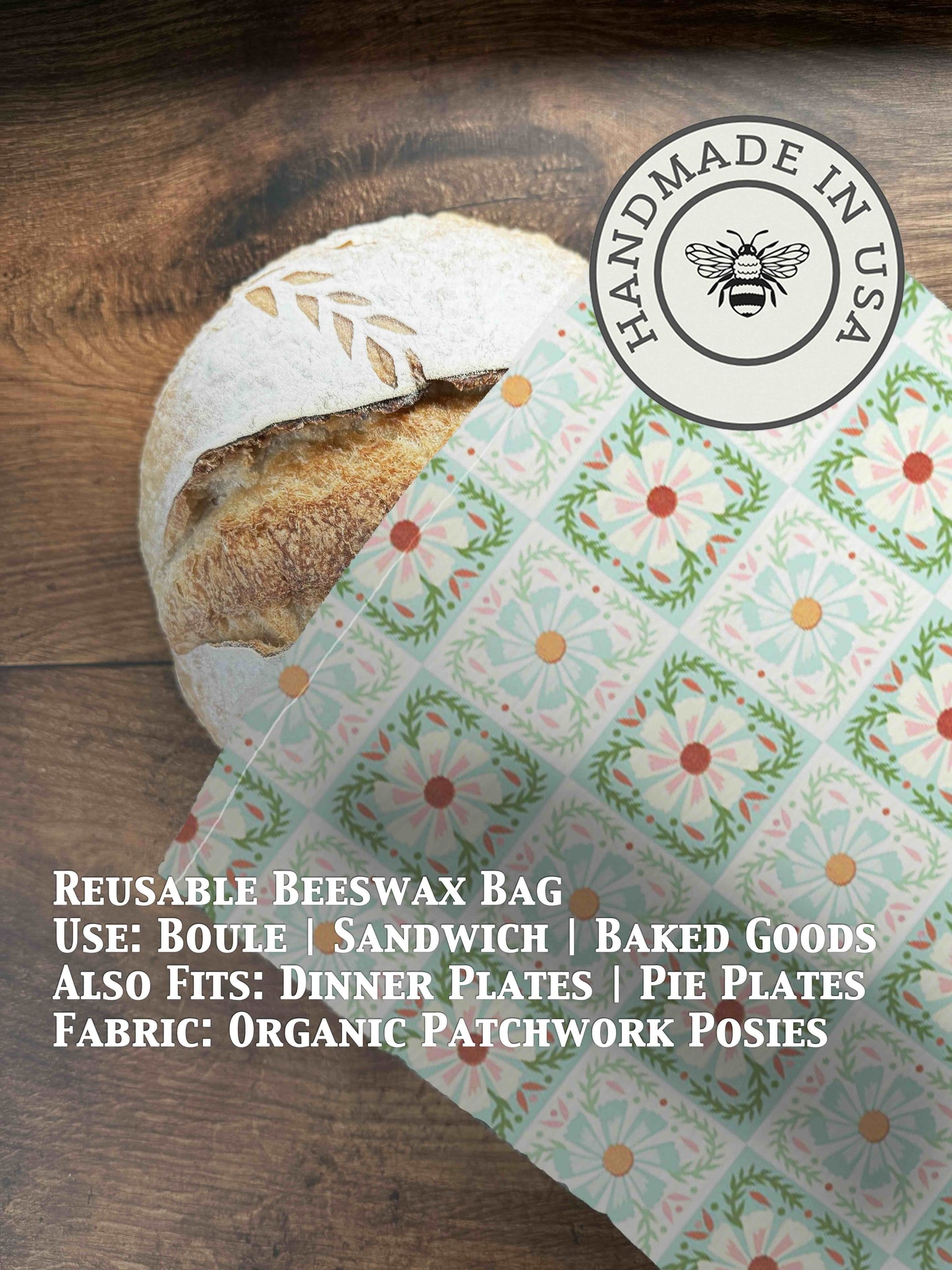 Beeswaxed bread bag with patchwork posies from Five Oaks Farm, showcasing a natural, eco-friendly bread storage solution.