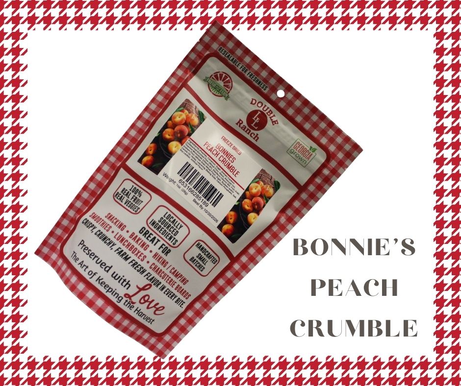 Freeze-dried peach crumble by Double L Ranch, showing a crispy, golden peach dessert with crumbled topping on a plate.
