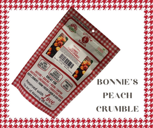 Freeze-dried peach crumble by Double L Ranch, showing a crispy, golden peach dessert with crumbled topping on a plate.