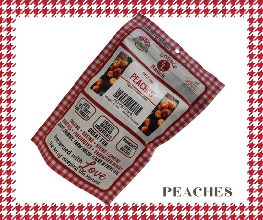 Freeze-dried peaches from Double L Ranch, showcasing vibrant, dried peach slices with a natural, textured appearance.