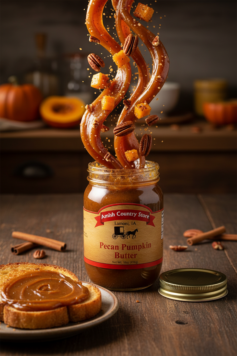 Canned pecan pumpkin butter in 16oz jar from Amish Country Store, creamy spread with pecans and pumpkin for breakfast or snacks.