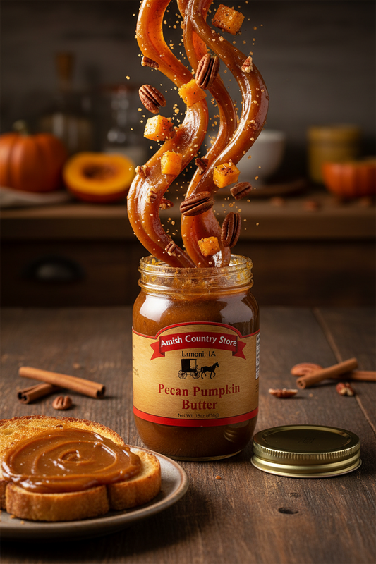 Canned pecan pumpkin butter in 16oz jar from Amish Country Store, creamy spread with pecans and pumpkin for breakfast or snacks.