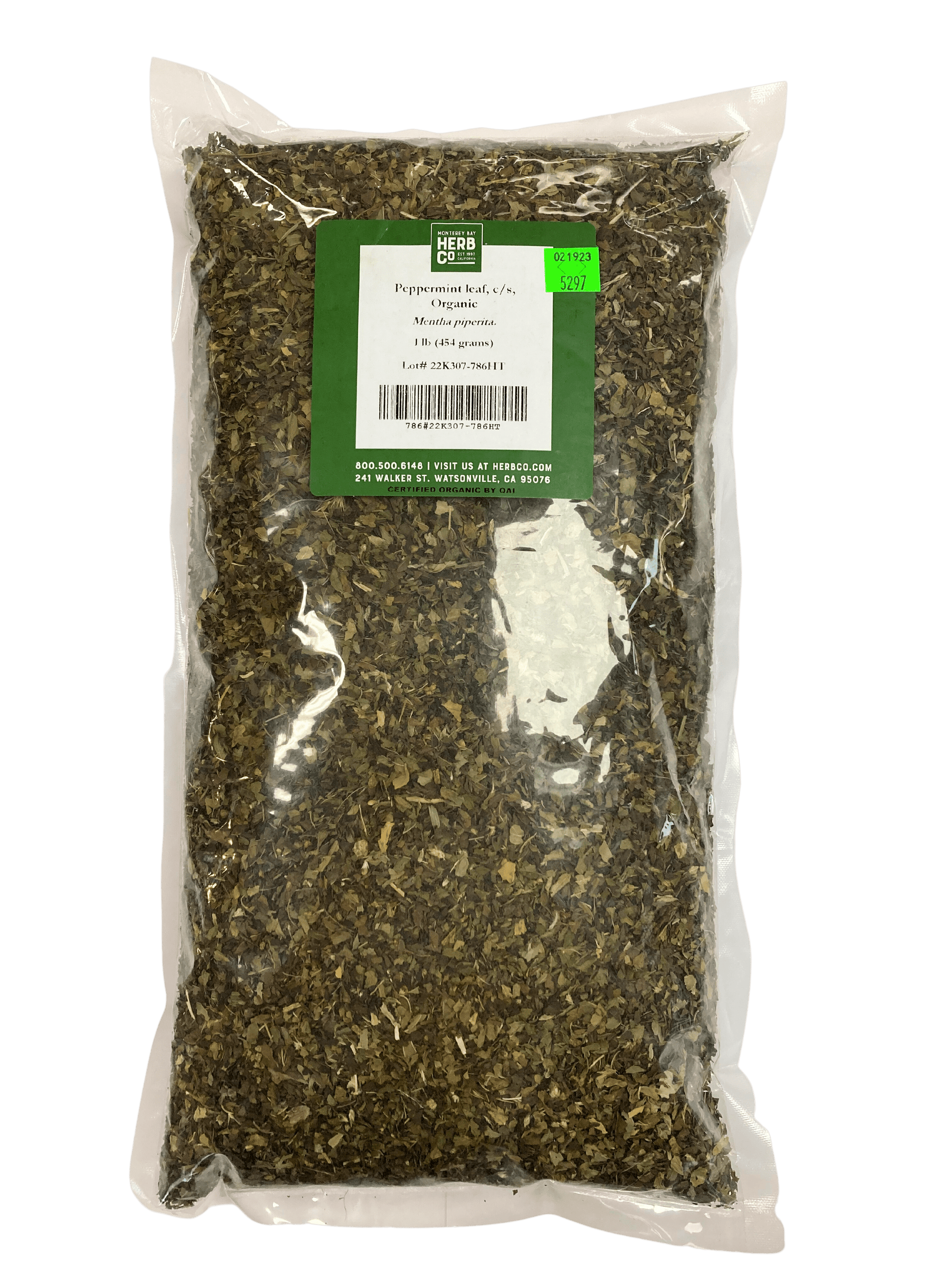 Organic peppermint leaf in a 1 lb package from Country Life Natural Foods, showcasing fresh green peppermint herbs.