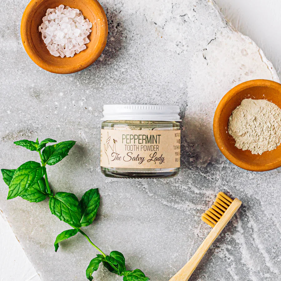 Peppermint tooth powder by The Salvy Lady in 2 oz container, fluoride-free, natural dental care product from BuyNebraska.com