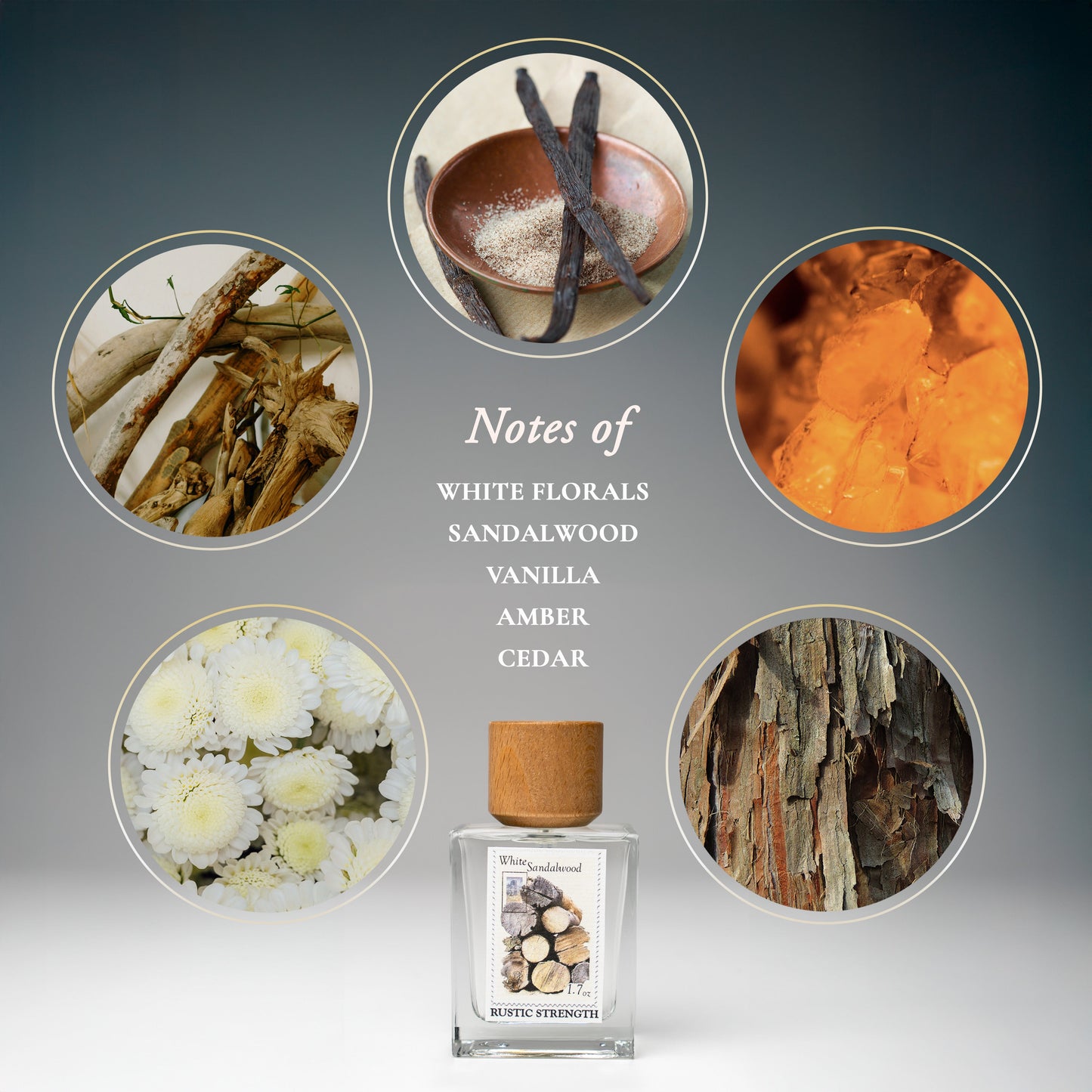 Rustic Strength White Sandalwood perfume bottle with 1.7oz size, featuring elegant packaging and scented notes of sandalwood.
