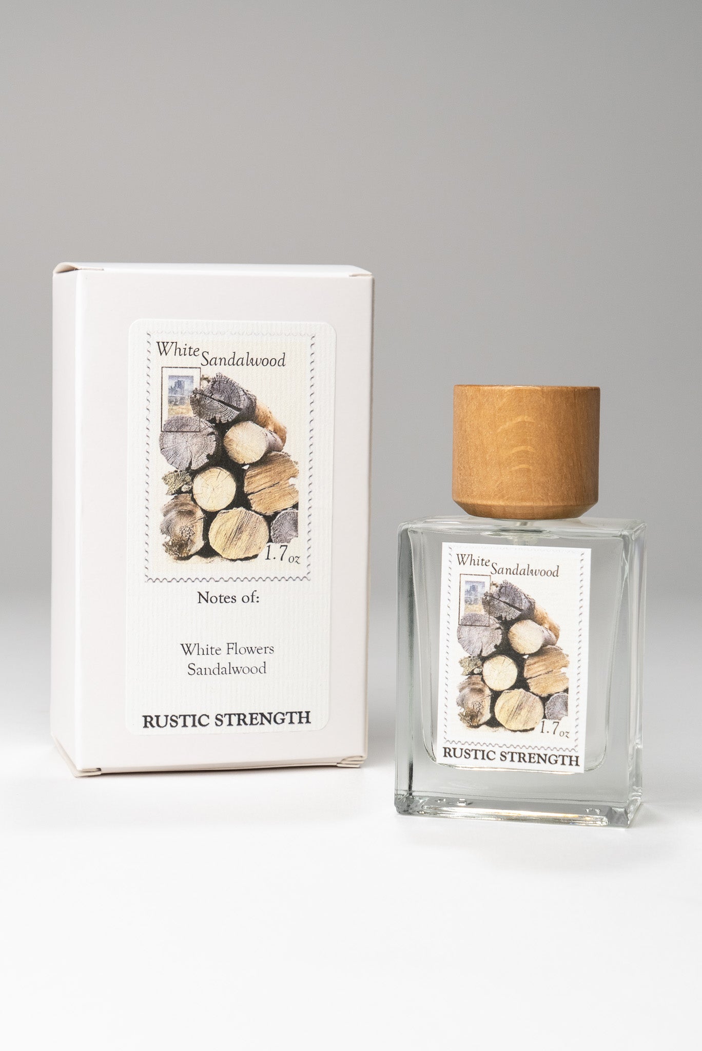 Rustic Strength White Sandalwood perfume bottle, 1.7oz, with elegant packaging and a smooth, minimalist design.