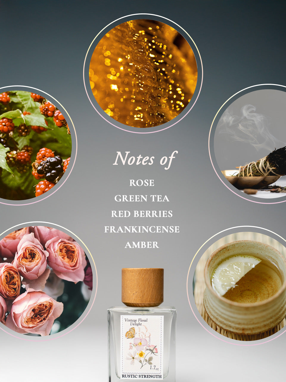 Rustic Strength Vintage Floral Delight perfume bottle with 1.7oz floral-scented fragrance in a decorative glass bottle.