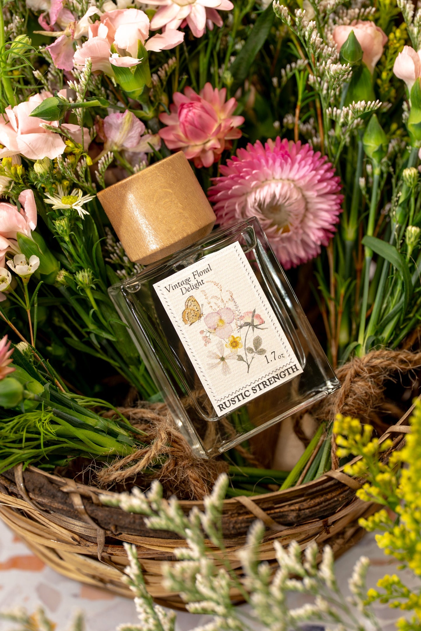 Rustic Strength Vintage Floral Delight perfume bottle with elegant floral design, 1.7oz fragrance for women.