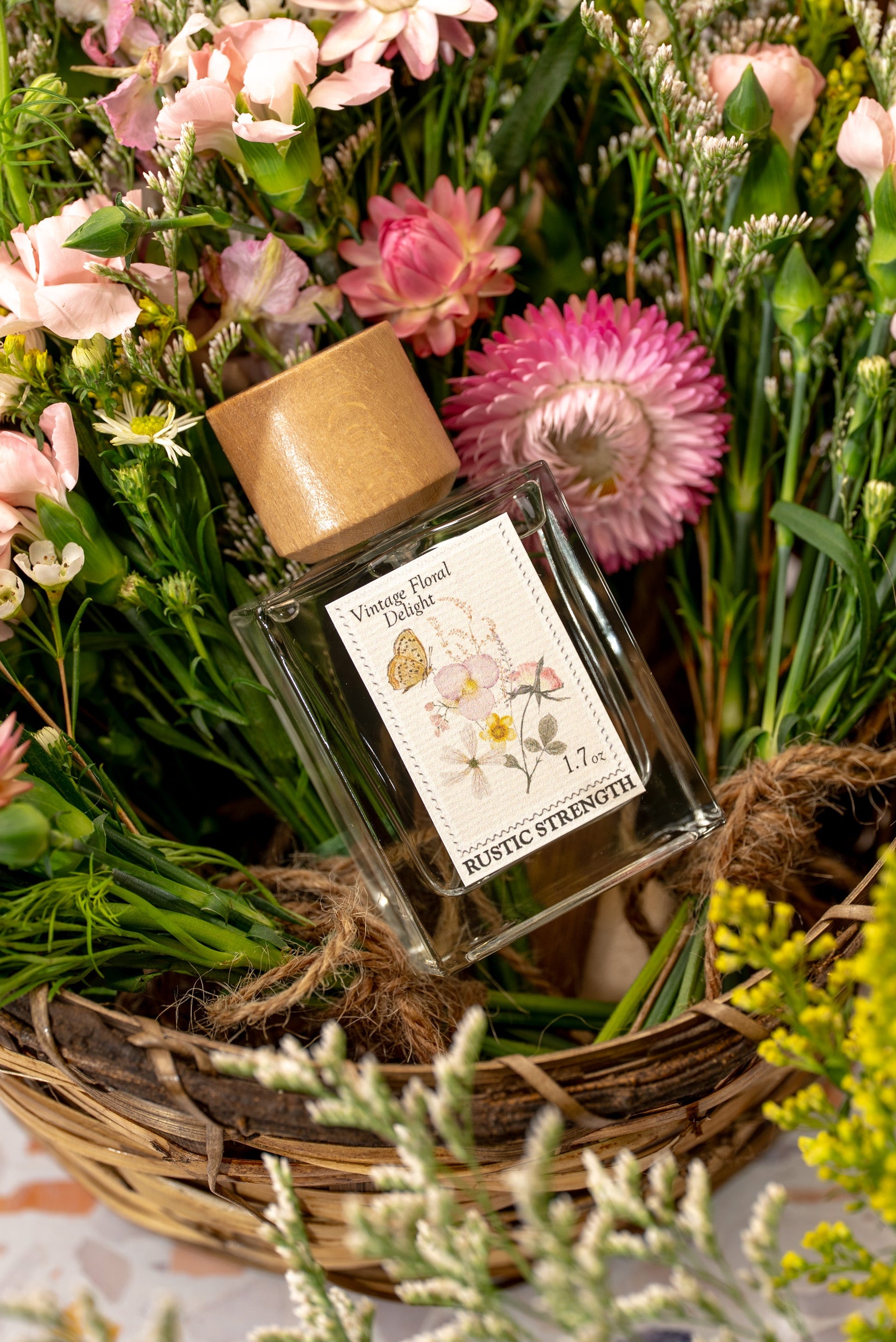 Rustic Strength Vintage Floral Delight perfume bottle with elegant floral design, 1.7oz fragrance for women.
