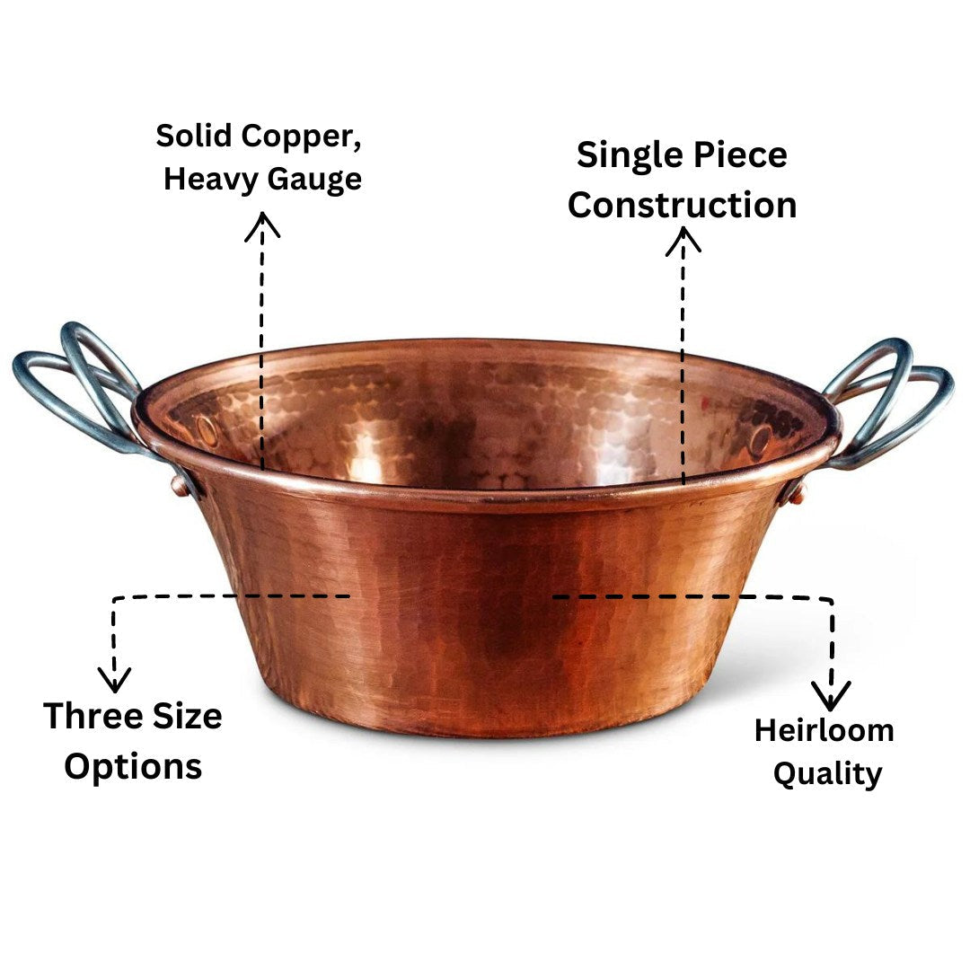 Hammered copper Permian Copper Jam Pan by Sertodo, a durable, handcrafted pot designed for making jams and preserves.