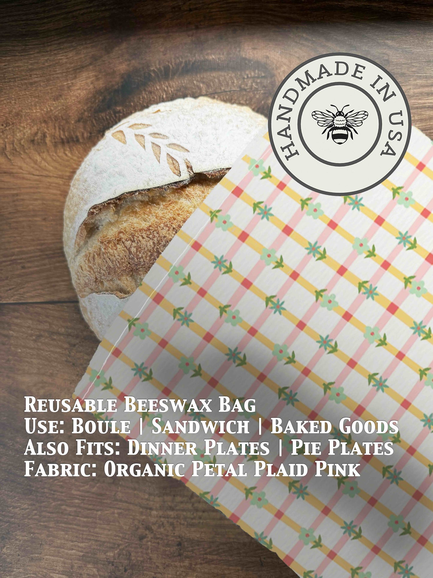 Pink petal plaid beeswaxed bread bag from Five Oaks Farm, natural cotton exterior with charming farm-inspired design.