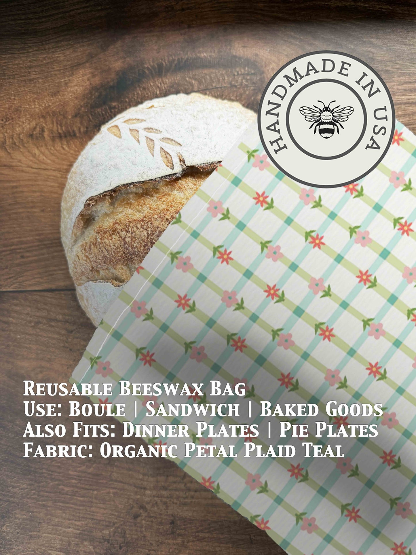 Teal beeswaxed bread bag from Five Oaks Farm with petal plaid pattern, eco-friendly and reusable for fresh bread storage.