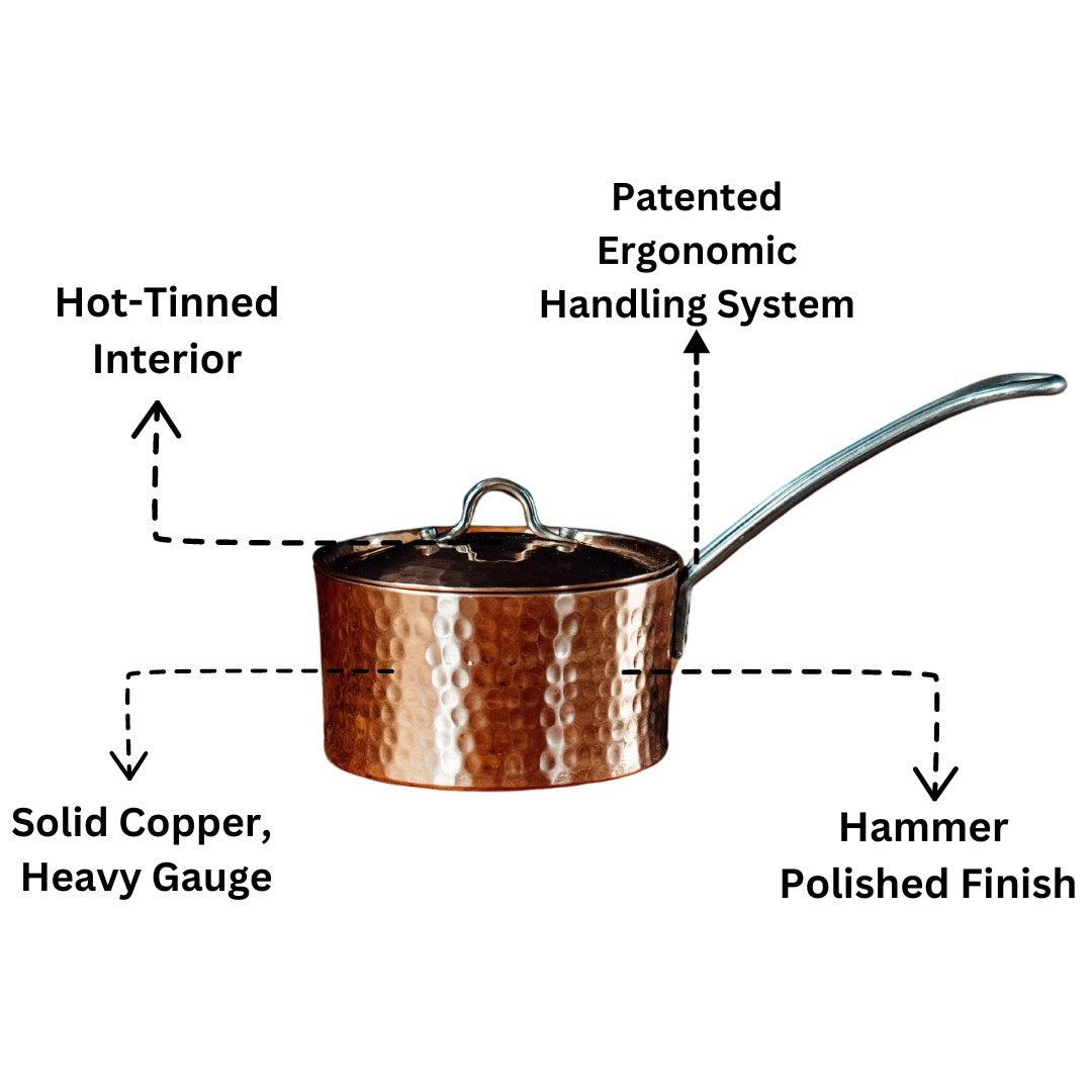 Small French copper butter pot with lid from Sertodo, featuring a shiny copper surface and a sturdy handle.